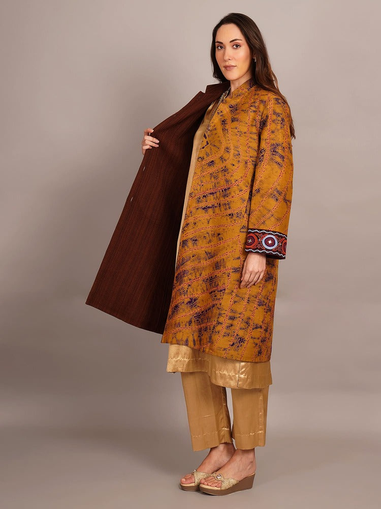 Mustard Yellow Shibori & Woollen Long Jacket