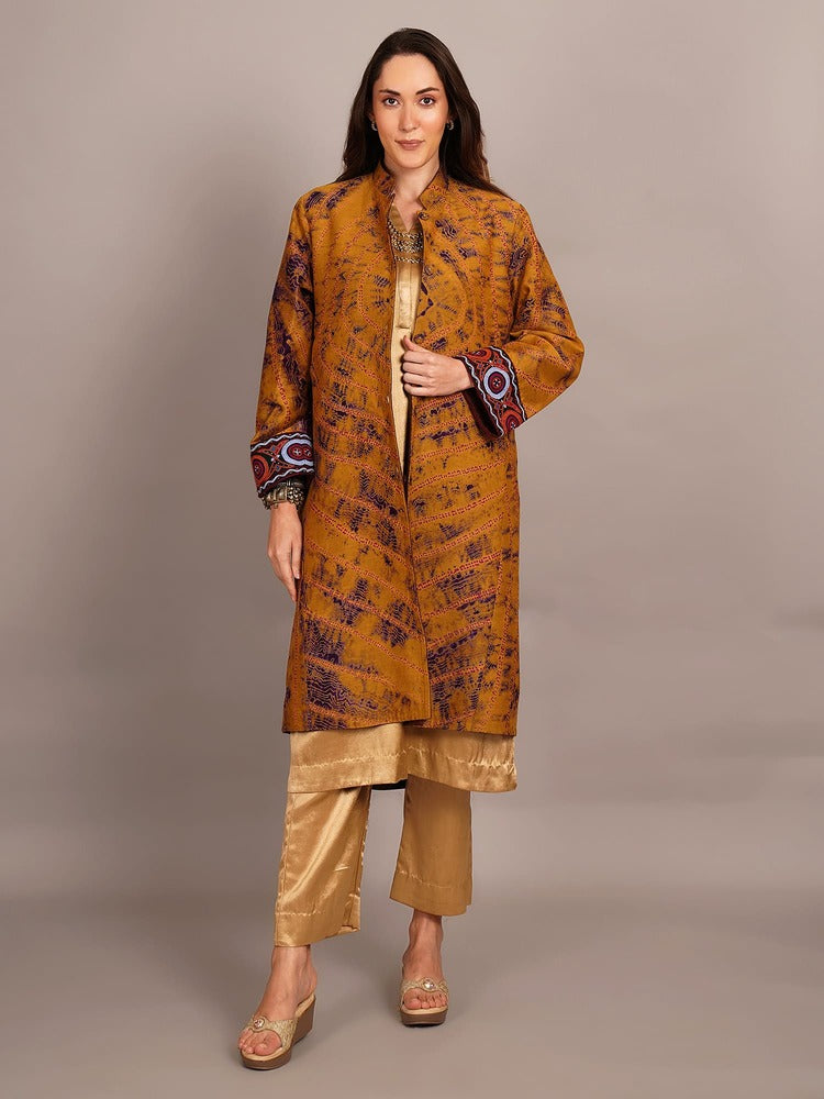Mustard Yellow Shibori & Woollen Long Jacket