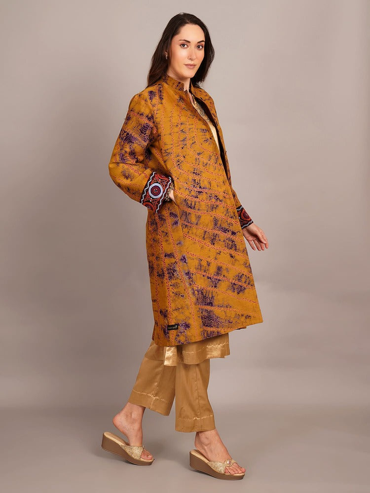 Mustard Yellow Shibori & Woollen Long Jacket