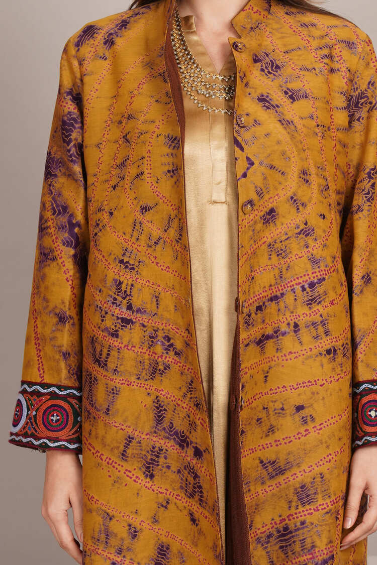Mustard Yellow Shibori & Woollen Long Jacket