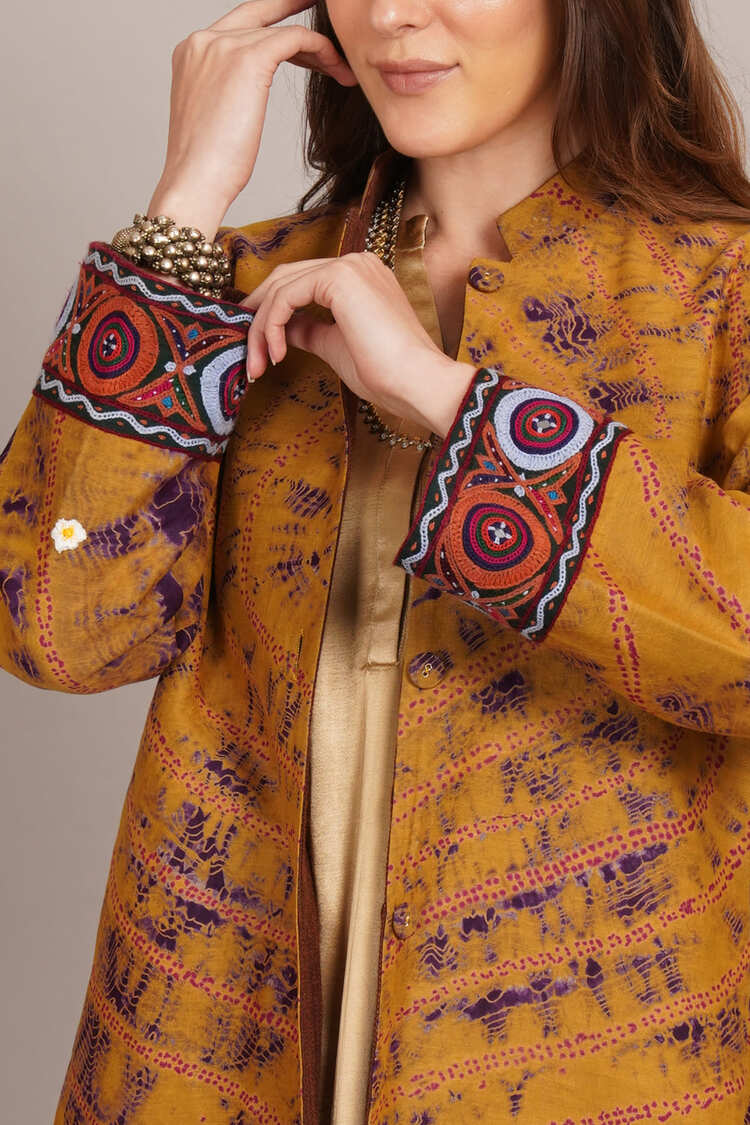 Mustard Yellow Shibori & Woollen Long Jacket