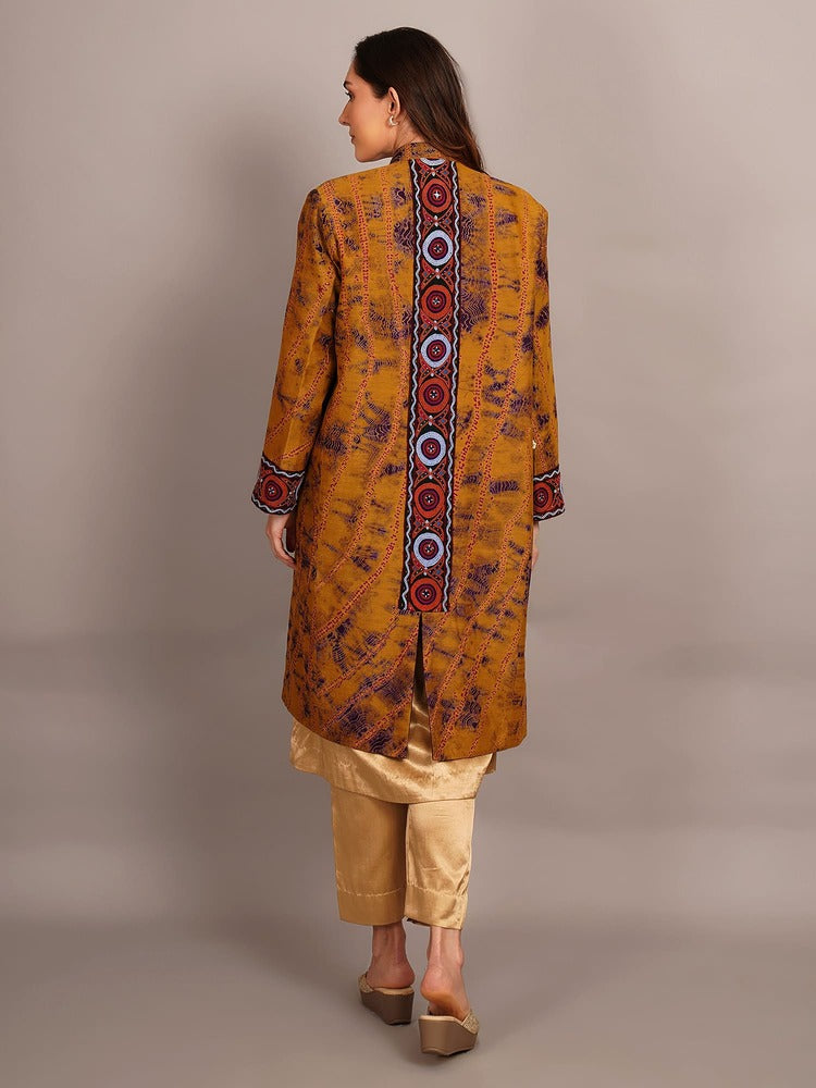 Mustard Yellow Shibori & Woollen Long Jacket