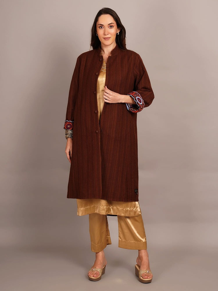 Mustard Yellow Shibori & Woollen Long Jacket