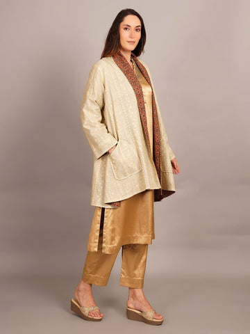 Off White Kantha & Mustard Ikkat Cotton Overlay