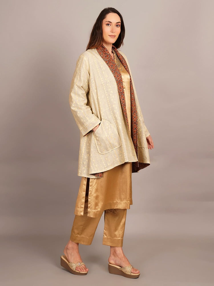 Off White Kantha & Mustard Ikkat Cotton Overlay