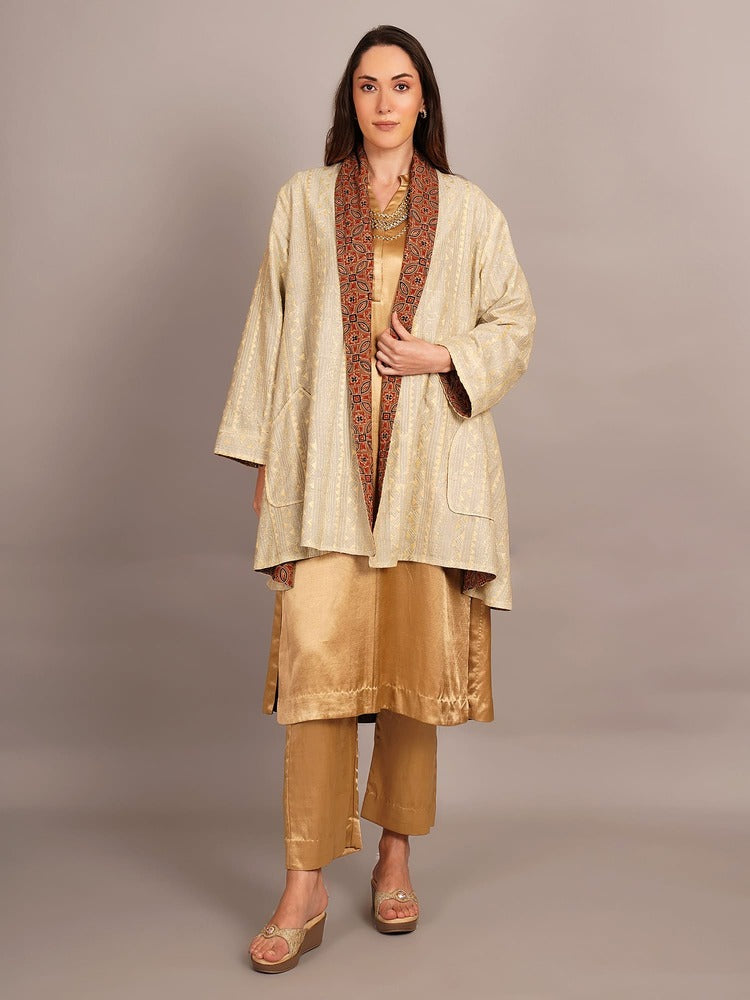 Off White Kantha & Mustard Ikkat Cotton Overlay