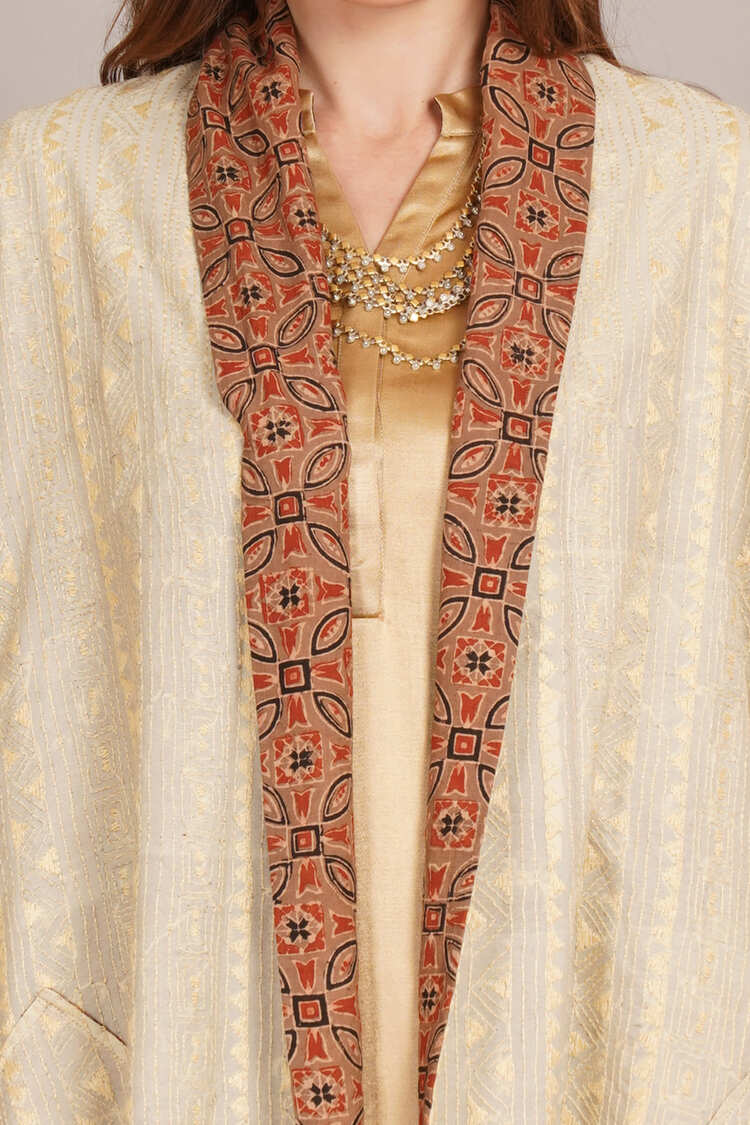 Off White Kantha & Mustard Ikkat Cotton Overlay