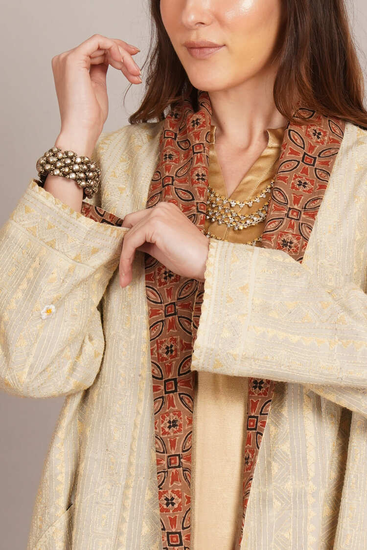 Off White Kantha & Mustard Ikkat Cotton Overlay