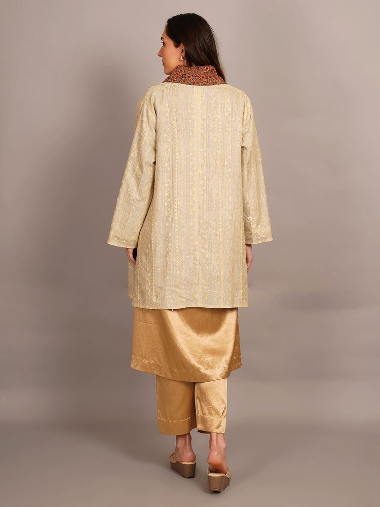 Off White Kantha & Mustard Ikkat Cotton Overlay