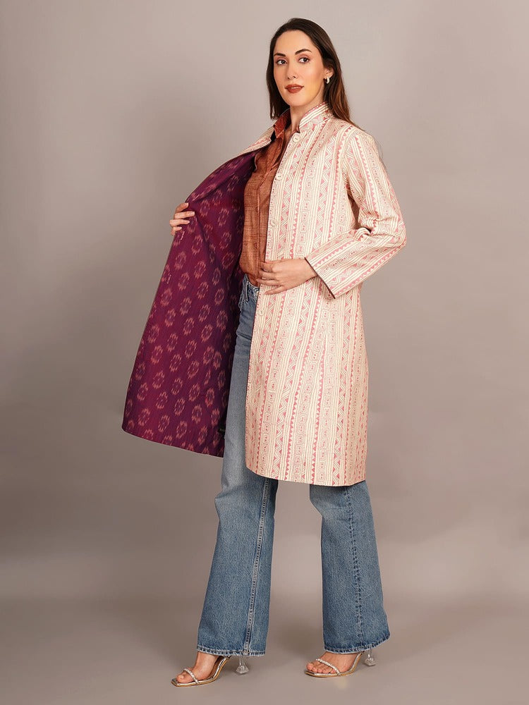 Off White Kantha & Purple Ikkat Jacket