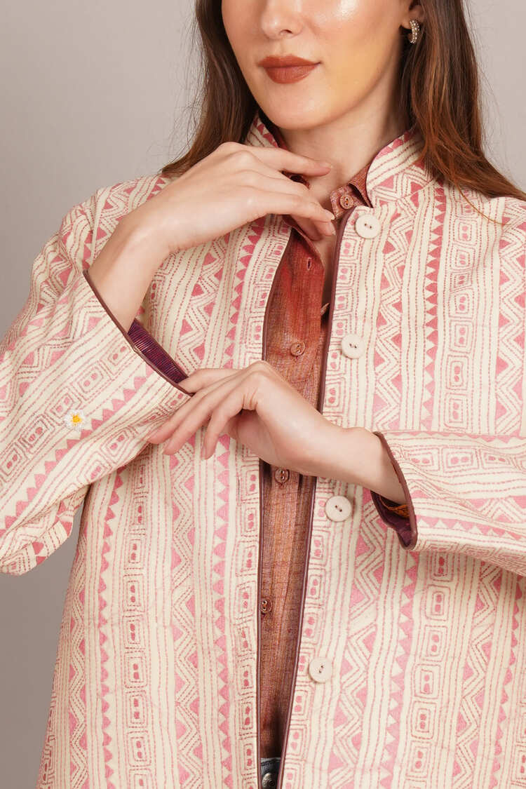 Off White Kantha & Purple Ikkat Jacket