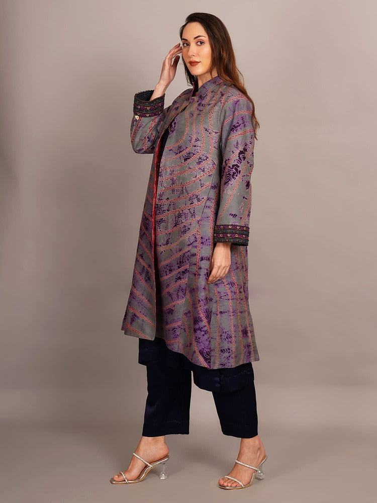 Grey Shibori & Red Ikkat Embroidered Long Jacket