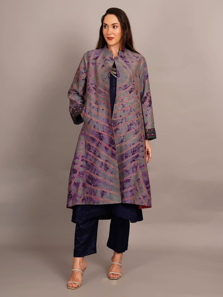 Grey Shibori & Red Ikkat Embroidered Long Jacket