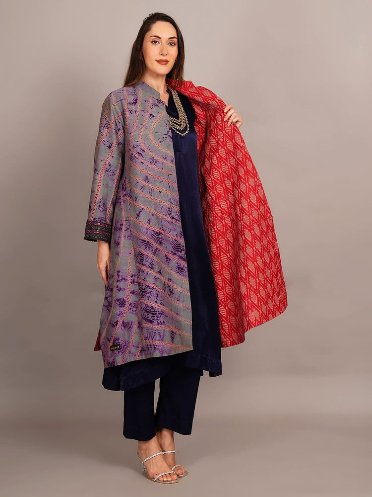 Grey Shibori & Red Ikkat Embroidered Long Jacket