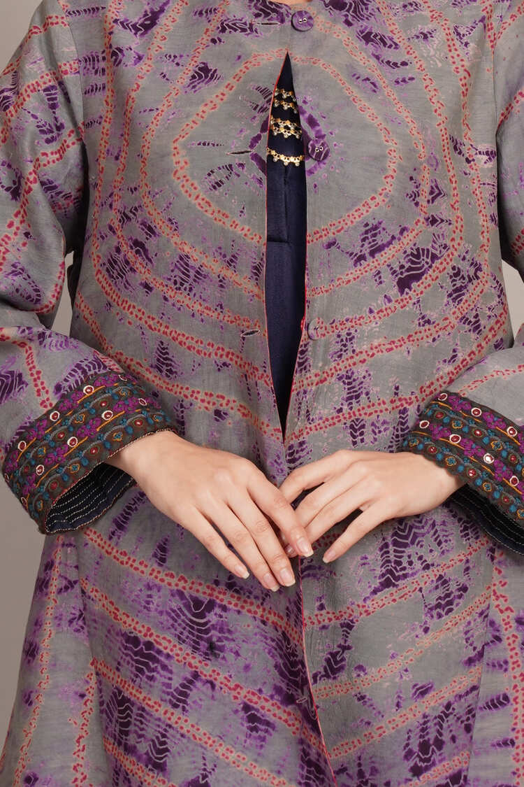 Grey Shibori & Red Ikkat Embroidered Long Jacket