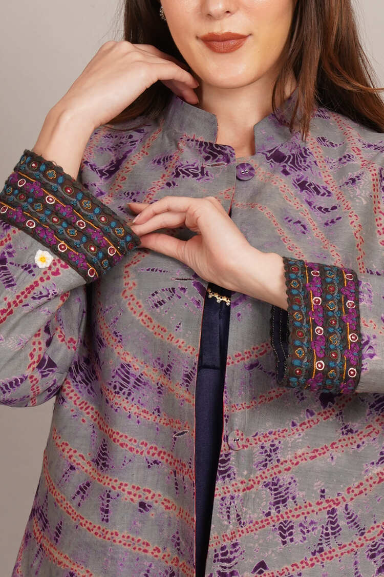 Grey Shibori & Red Ikkat Embroidered Long Jacket
