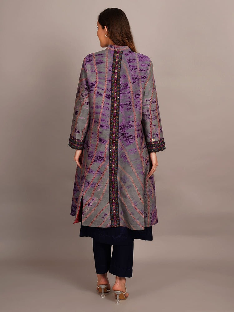 Grey Shibori & Red Ikkat Embroidered Long Jacket