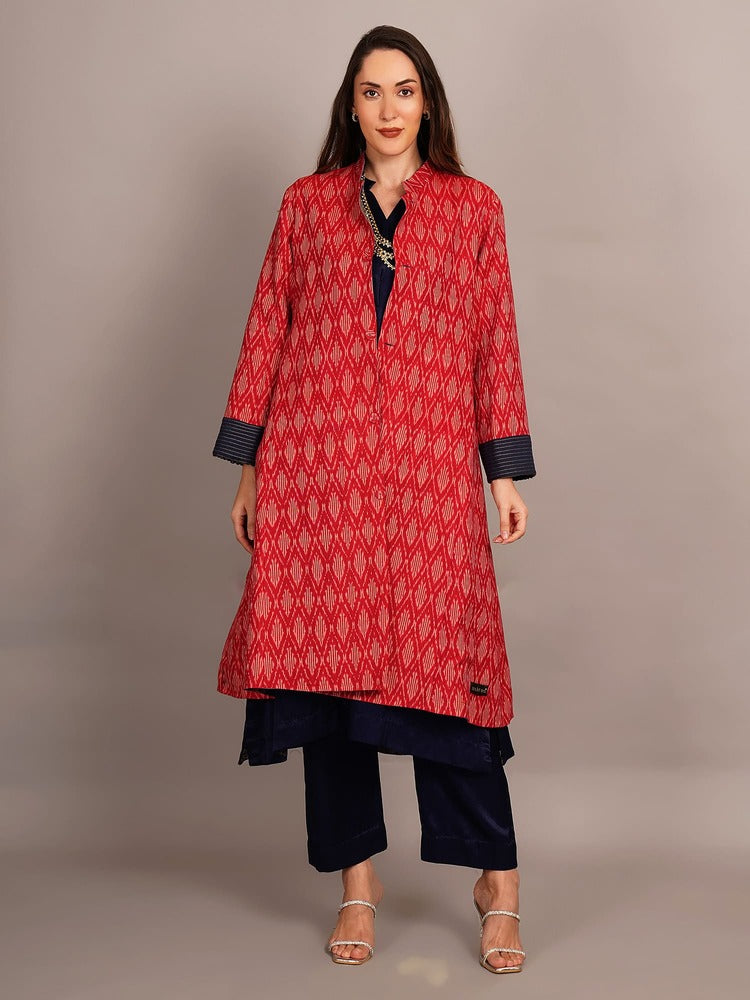Grey Shibori & Red Ikkat Embroidered Long Jacket