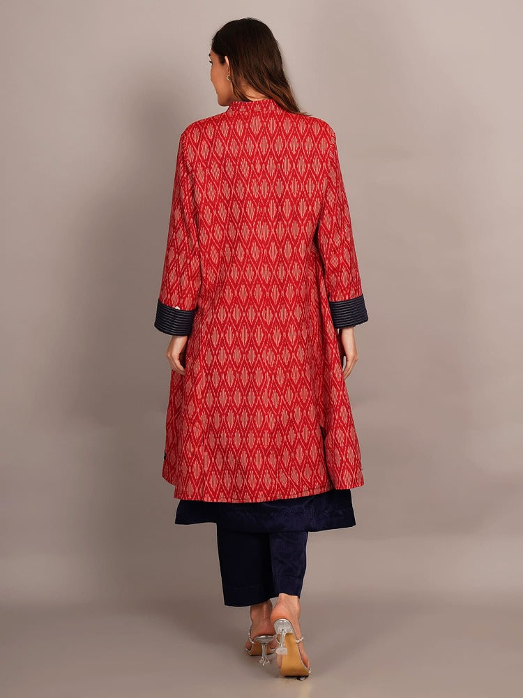Grey Shibori & Red Ikkat Embroidered Long Jacket