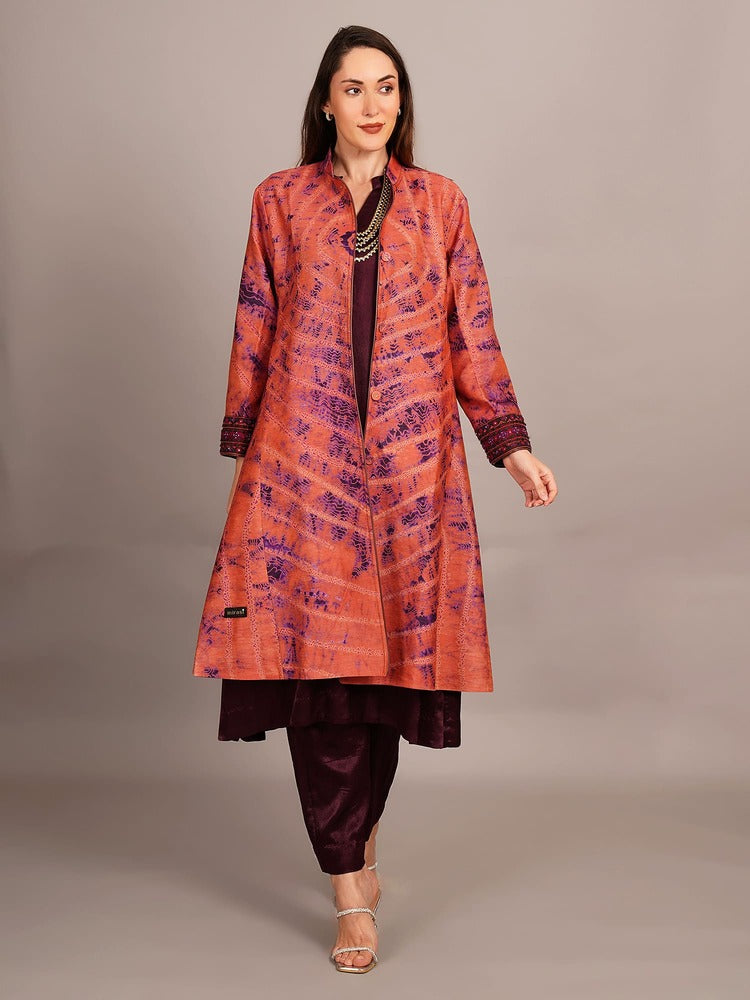 Peach Shibori & Purple Ikkat Embroidered Long Jacket