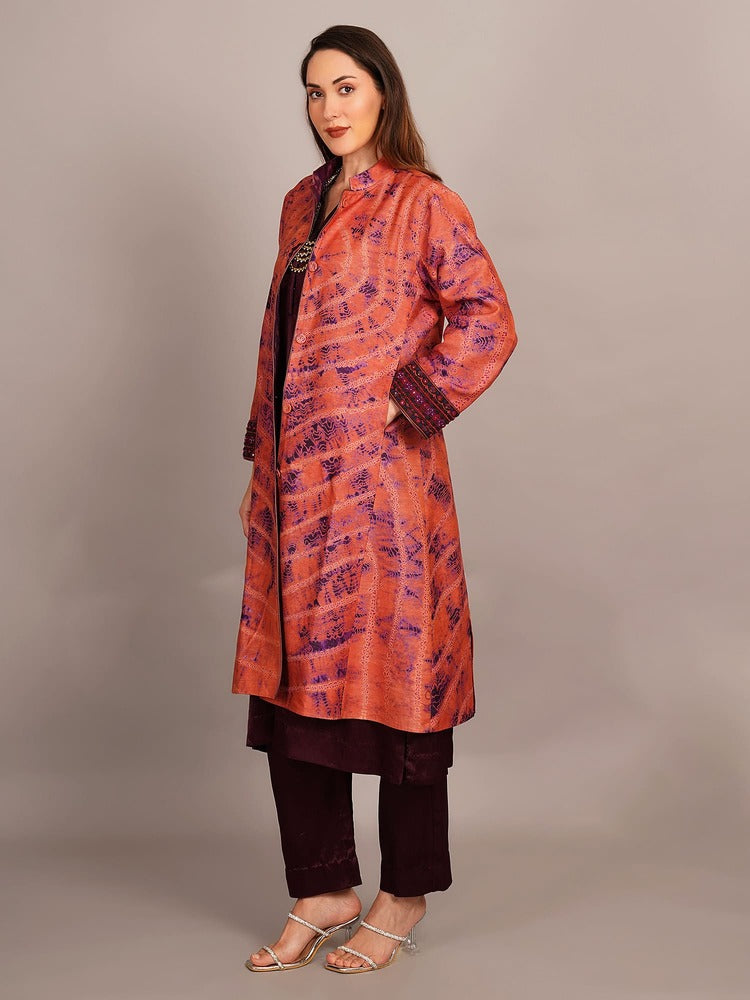 Peach Shibori & Purple Ikkat Embroidered Long Jacket