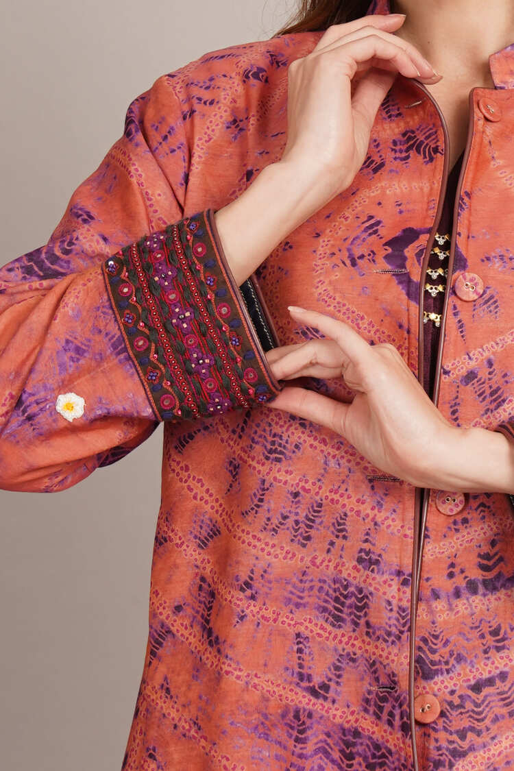 Peach Shibori & Purple Ikkat Embroidered Long Jacket