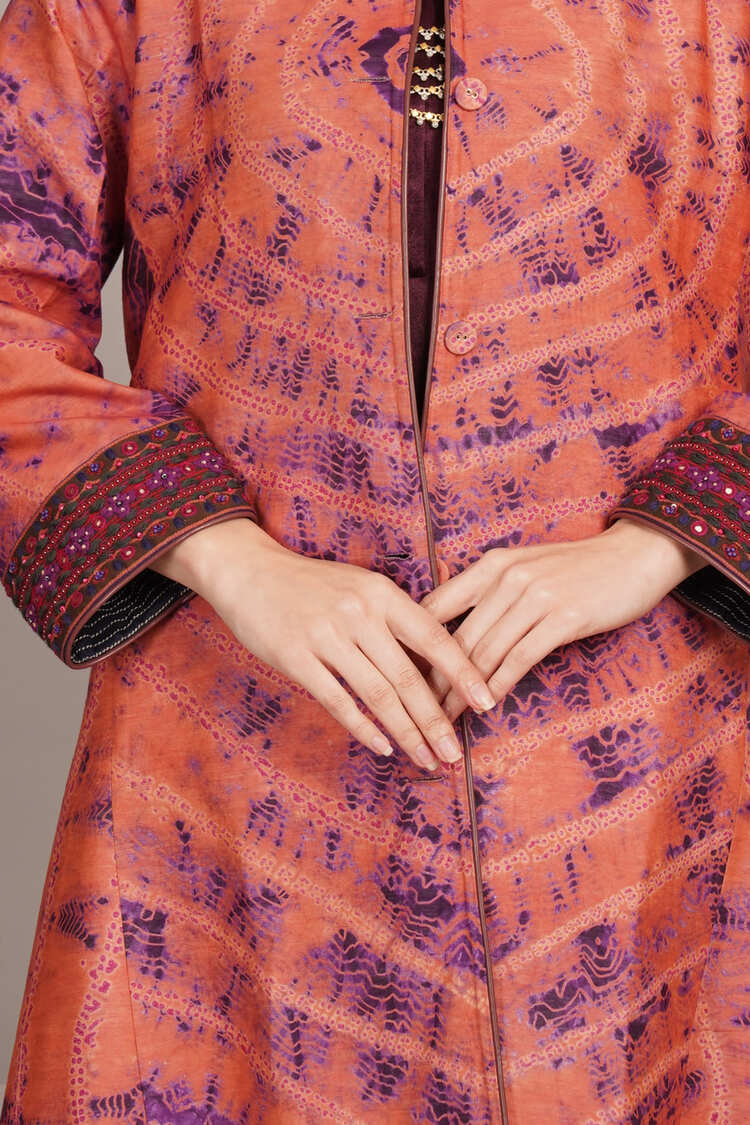 Peach Shibori & Purple Ikkat Embroidered Long Jacket