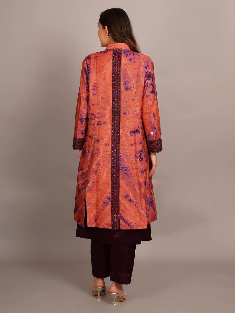 Peach Shibori & Purple Ikkat Embroidered Long Jacket