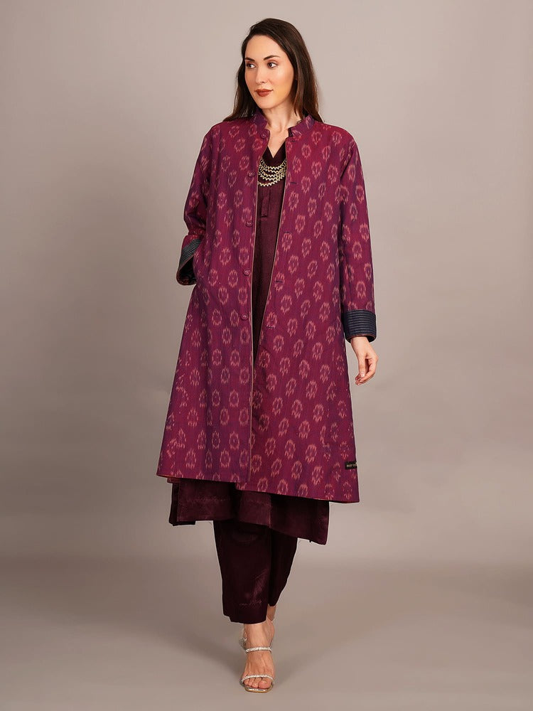 Peach Shibori & Purple Ikkat Embroidered Long Jacket