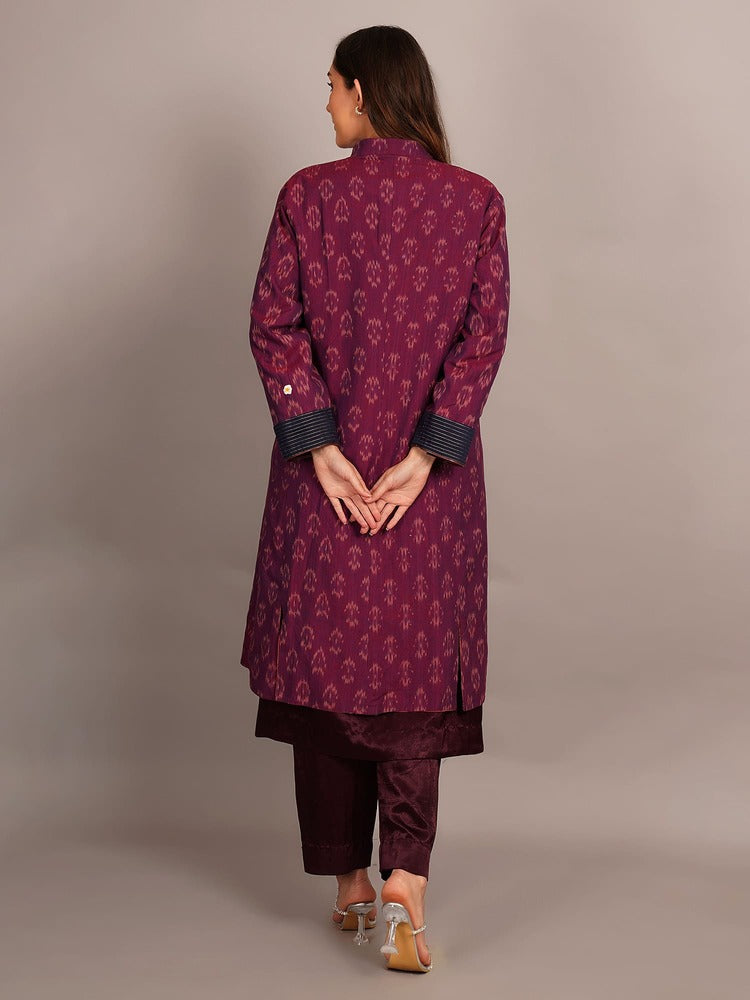 Peach Shibori & Purple Ikkat Embroidered Long Jacket