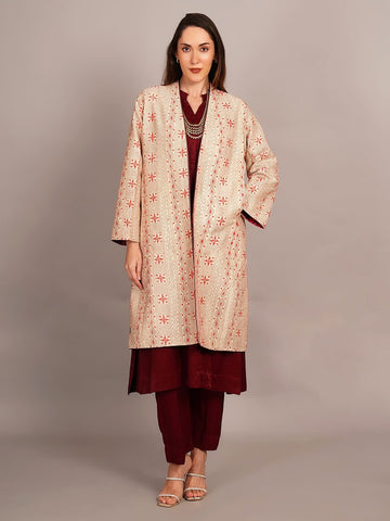 Light Pink Kantha & Purple Ikkat Long Jacket