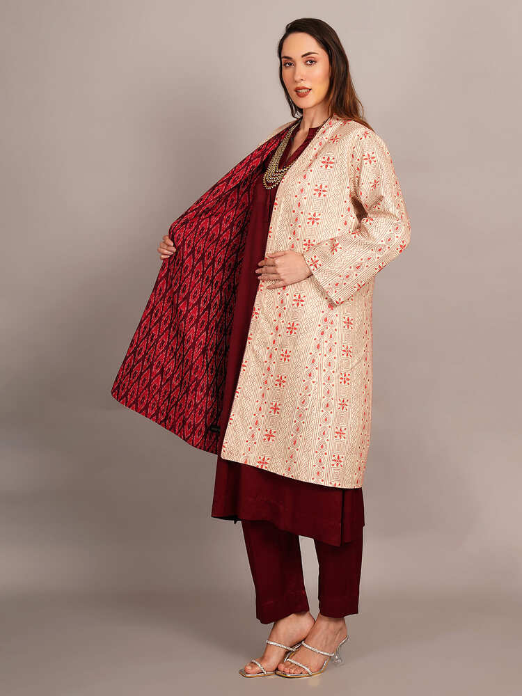 Light Pink Kantha & Purple Ikkat Long Jacket