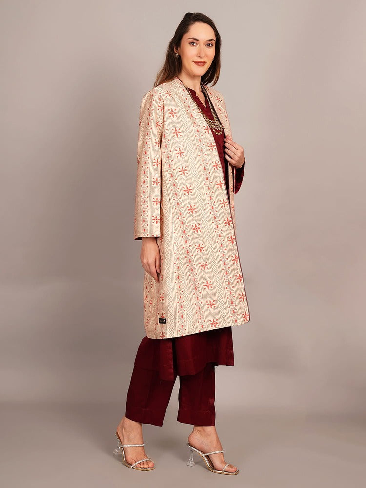 Light Pink Kantha & Purple Ikkat Long Jacket