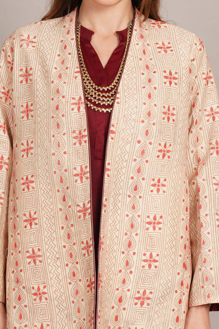 Light Pink Kantha & Purple Ikkat Long Jacket