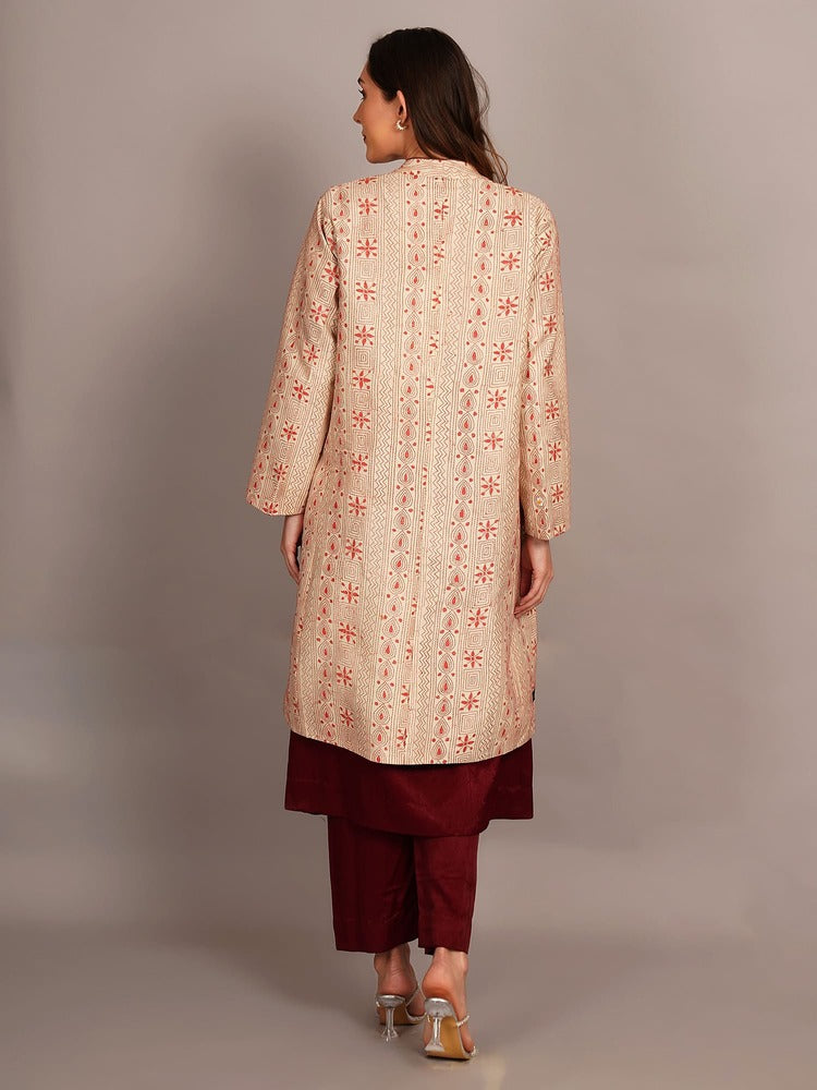 Light Pink Kantha & Purple Ikkat Long Jacket