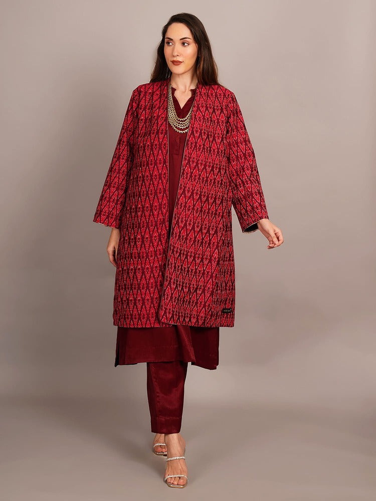 Light Pink Kantha & Purple Ikkat Long Jacket