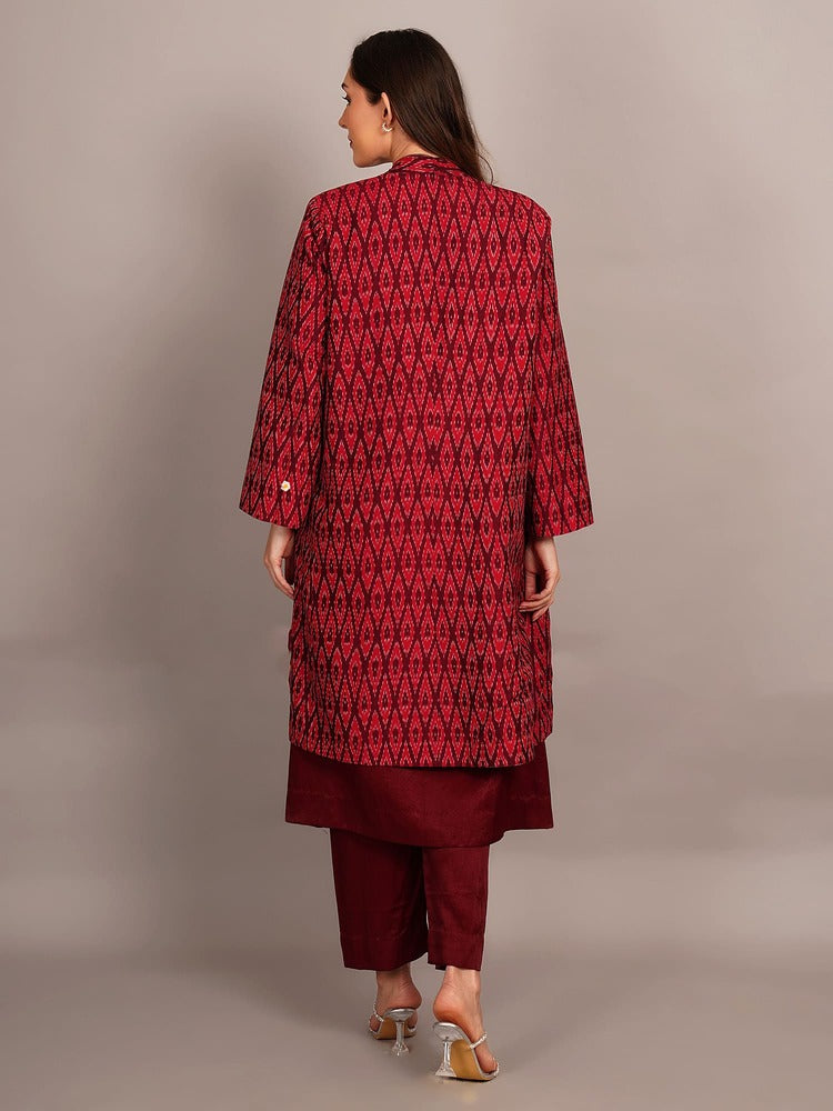 Light Pink Kantha & Purple Ikkat Long Jacket