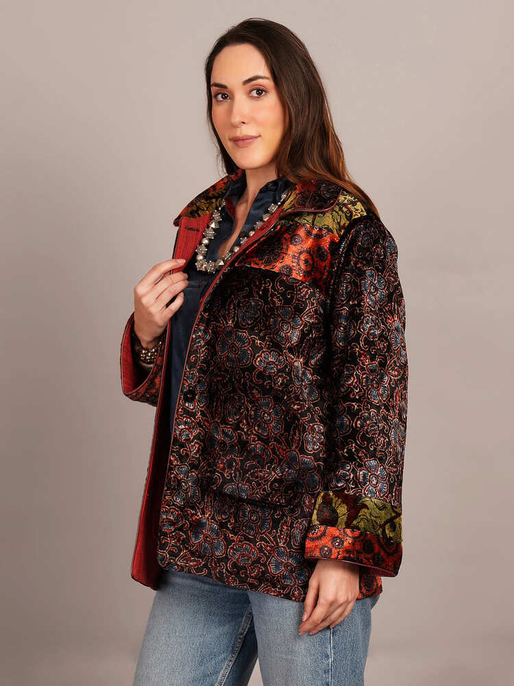 Black Ajrakh Velvet & Woollen Jacket