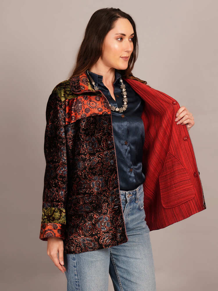 Black Ajrakh Velvet & Woollen Jacket