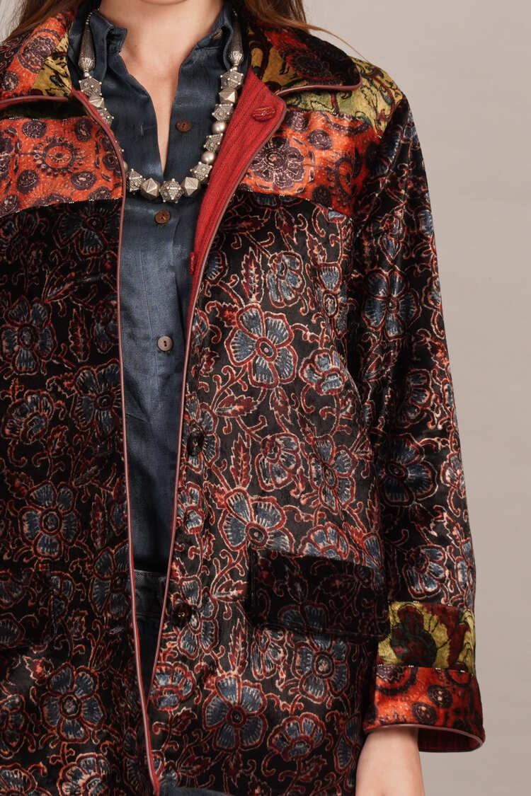 Black Ajrakh Velvet & Woollen Jacket