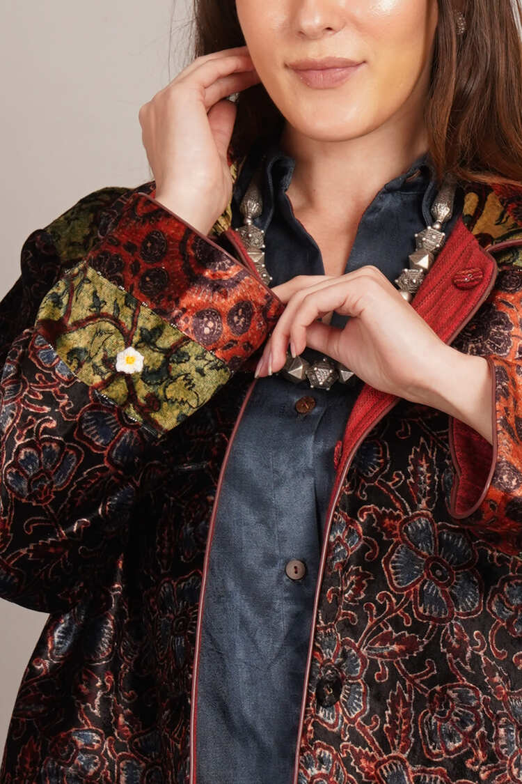 Black Ajrakh Velvet & Woollen Jacket