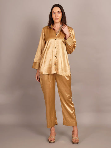 Beige Mashru & Ajrakh Sleeve Detail Shirt With Pant Set of Two.