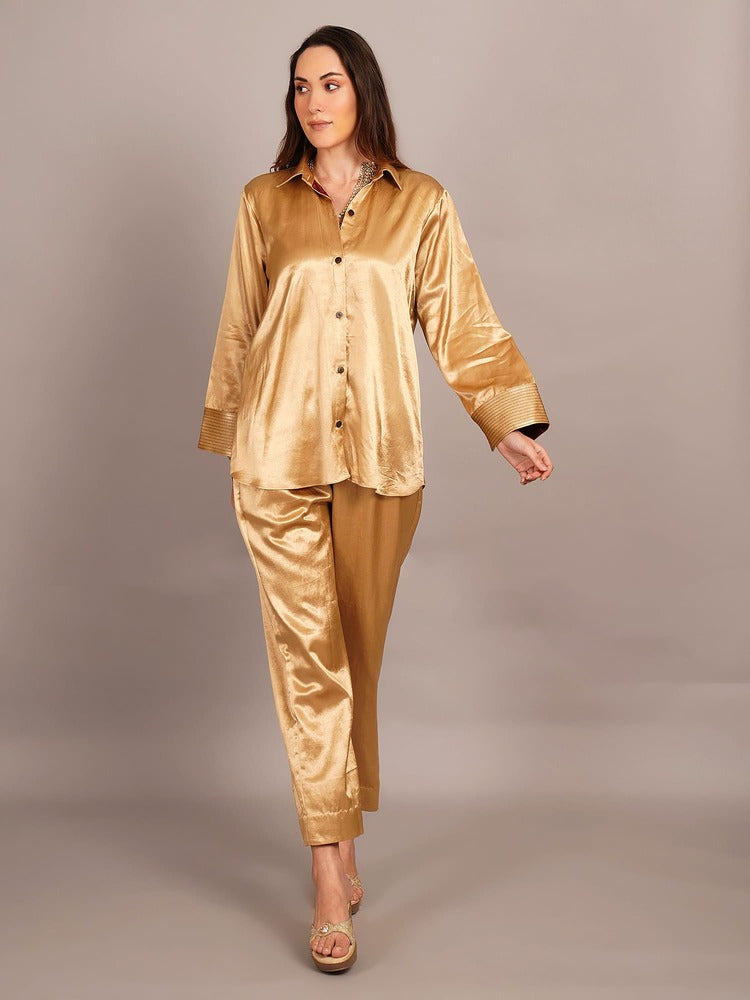 Beige Mashru & Ajrakh Sleeve Detail Shirt With Pant Set of Two.