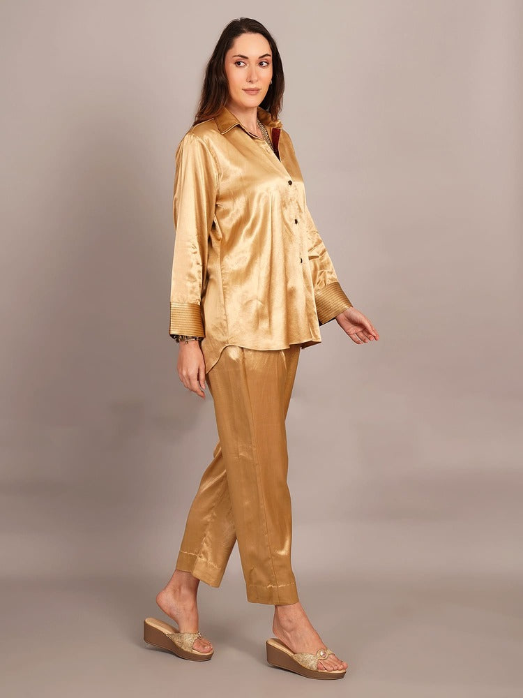 Beige Mashru & Ajrakh Sleeve Detail Shirt With Pant Set of Two.