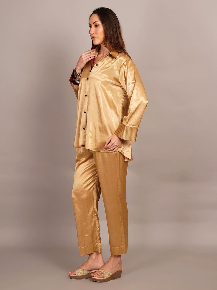 Beige Mashru & Ajrakh Sleeve Detail Shirt With Pant Set of Two.