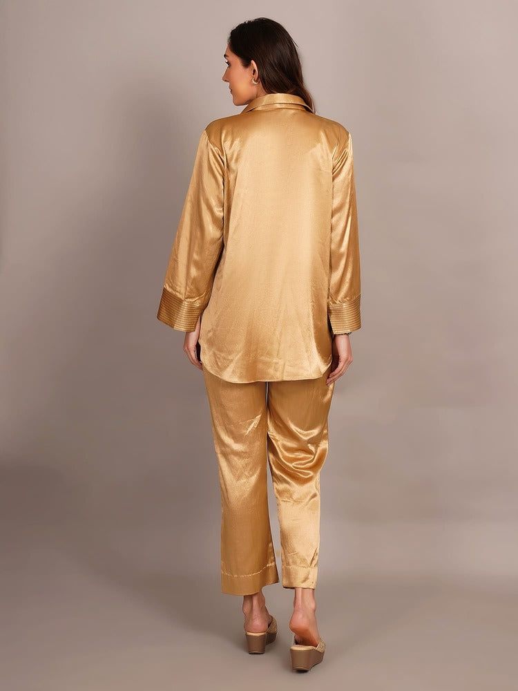 Beige Mashru & Ajrakh Sleeve Detail Shirt With Pant Set of Two.