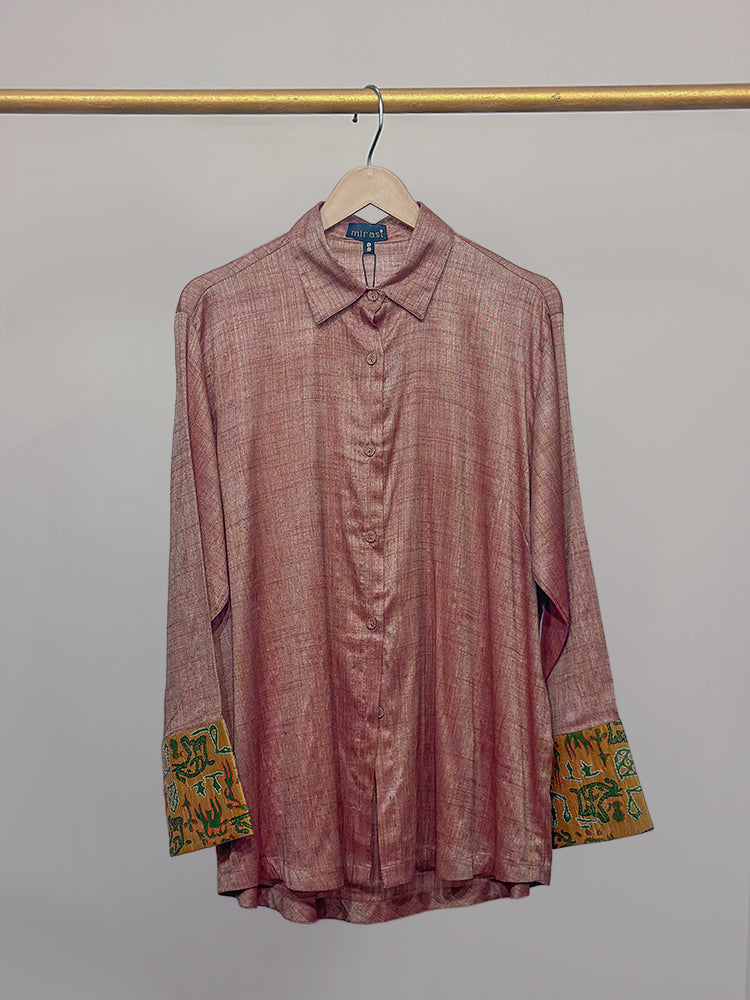 Peach Kosa Silk & Mustard Kantha Detail Shirt