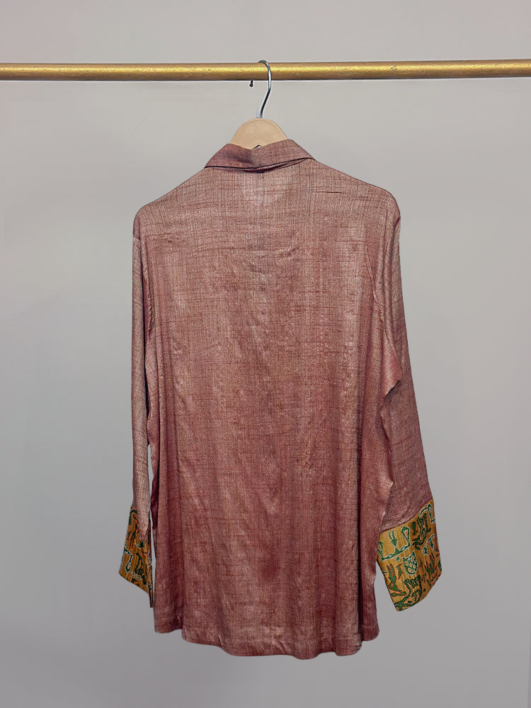 Peach Kosa Silk & Mustard Kantha Detail Shirt