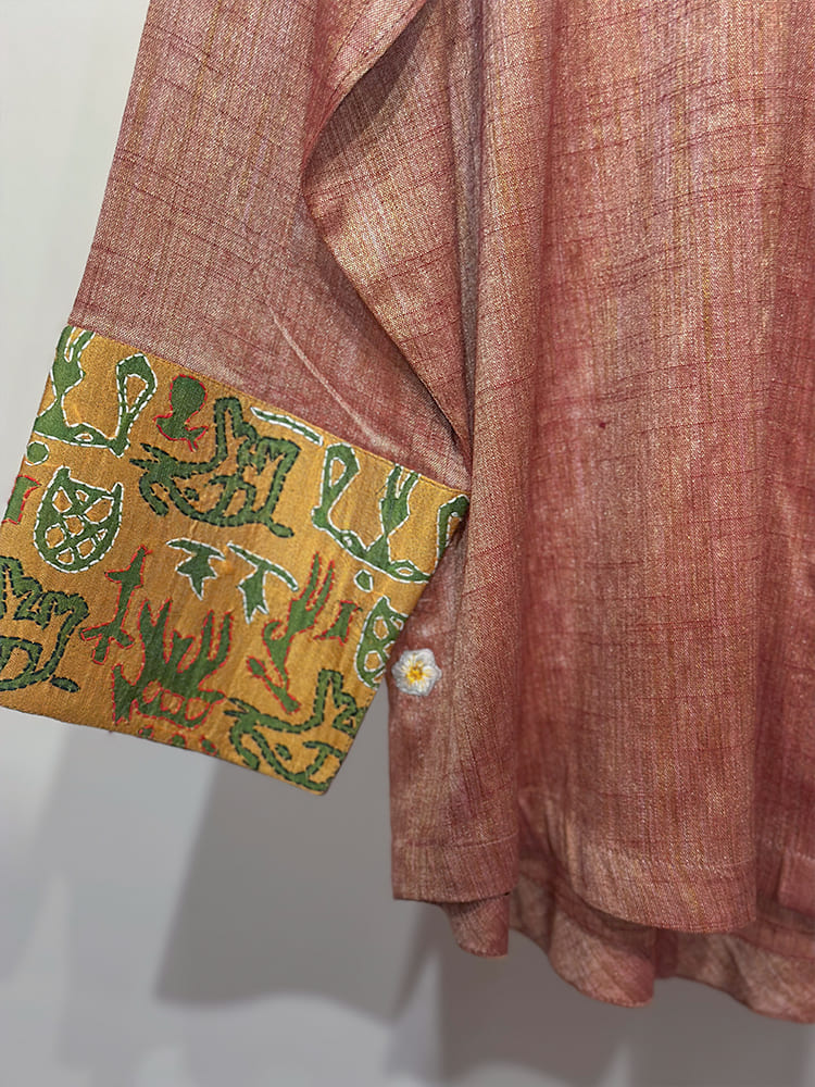 Peach Kosa Silk & Mustard Kantha Detail Shirt