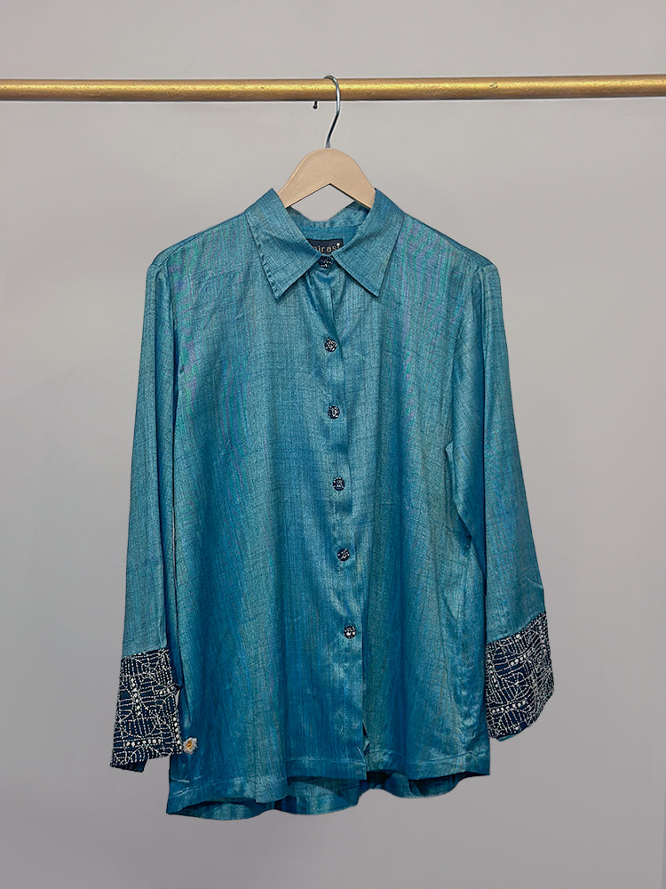 Sky Blue Kosa Silk & Black Kantha Detail Shirt